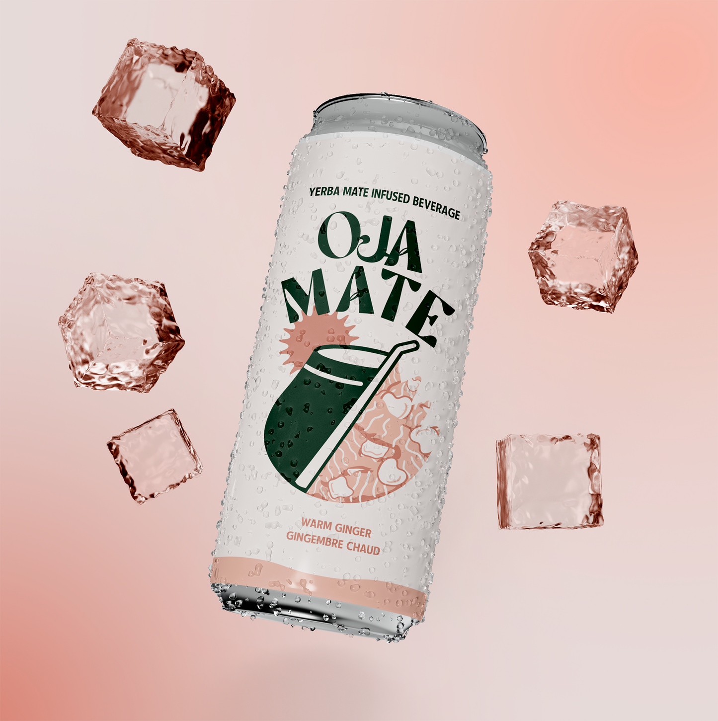 A can of Warm Ginger beverage by OJA Mate, accompanied by ice cubes against a pink background.